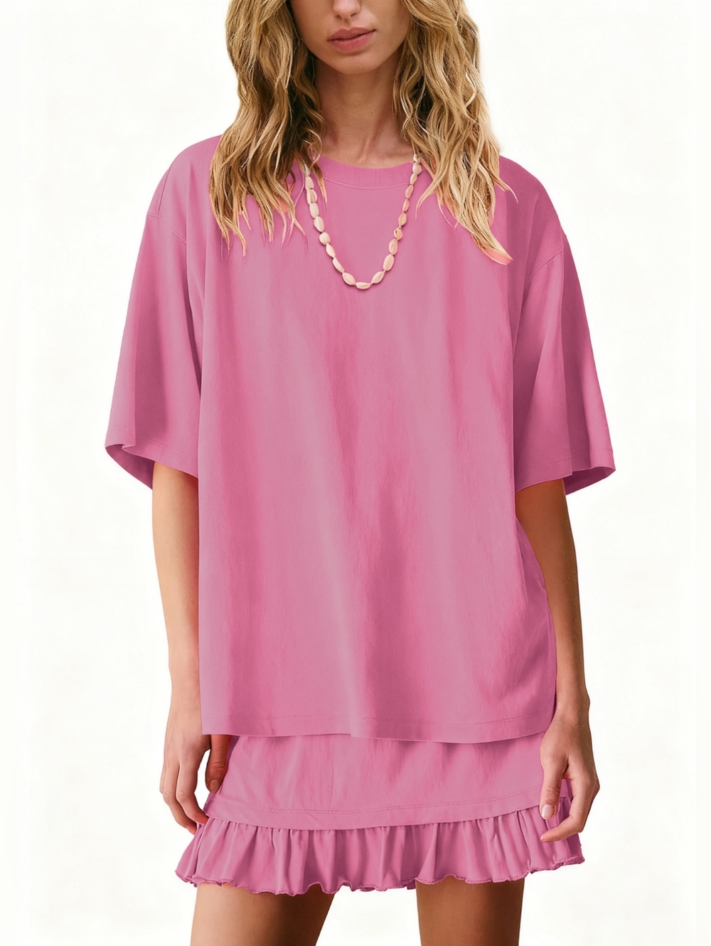Casual Pink Ruffle-Hem Skirt And Comfy Tee Top Set - Picture 2 of 8